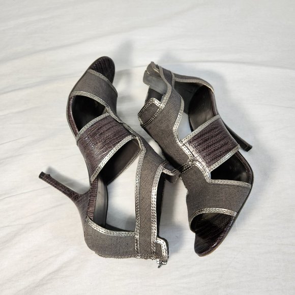 Tory Burch Shoes - TORY BURCH Geoff Gladiator Sandals Heels Charcoal Gray Canvas Leather Size 10M.